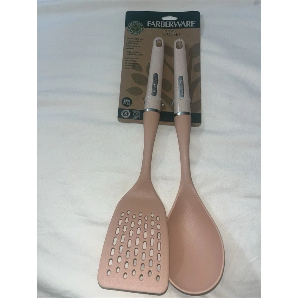Farberware Cooking Utensils Salmon Nylon Slotted Turner & Basting Spoon Set -NEW